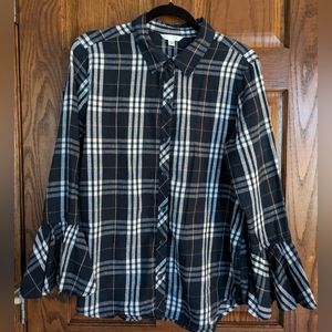 Time and Tru Blue & White Plaid Button Down w/ Bell Sleeves - Size L